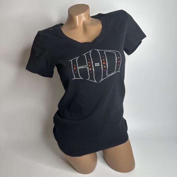 Harley Davidson Bling Tee L Black Las Vegas Rhinestone Logo USA Y2K Biker Babe - Picture 2 of 9